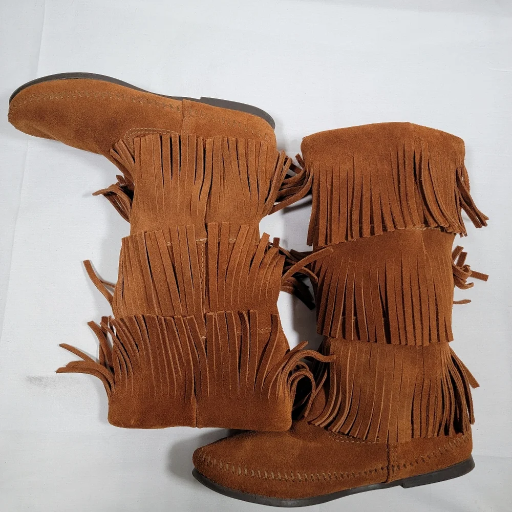 Womens Size 8 MinneTonka Fringed Suede Leather 3 Row Fringe Brown Moccasins Boot - Picture 4 of 8